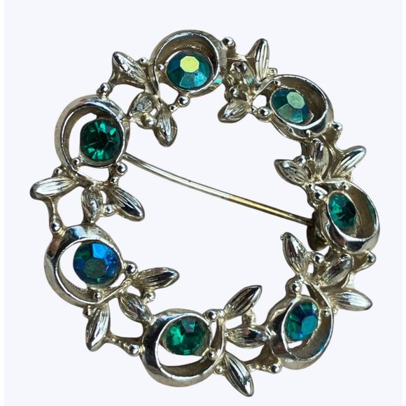 Vintage BSK Round Silver-Toned Brooch With Green Blue Rhinestones - Picture 2 of 13